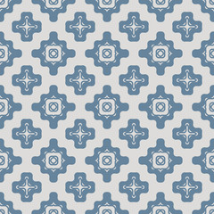 Vector geometric seamless pattern with wavy shapes, curved lines, crosses. Simple abstract texture in soft blue color. Repeat minimal ornament. Stylish modern design for decor, tileable print, textile