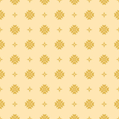 Fototapeta na wymiar Subtle vector floral minimalist seamless pattern. Simple abstract background with small geometric flowers, stars, crosses. Minimal ornament texture in yellow color. Repeat design for wallpaper, cloth