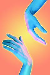 Two hand in a pop art collage style in pastel bold colors. Modern psychedelic creative element with human palm for posters, banners, wallpaper. Copy space for text. Magazine style. Zine culture.
