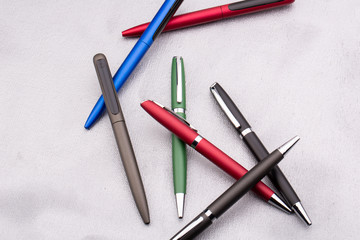 Moscow, Russia - 01/22/2020:
Ball and pen handles are multicolored, with different furniture and...