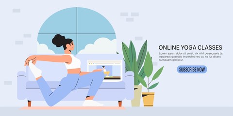 Girl in her room or apartment practicing yoga or doing exersice watching video online on laptop at home. Concept of online lessons or yoga studio classes with instructor banner, landing page, add.