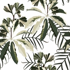 Nahtloses Muster mit traditionellem Hauspflanzenficus, Ginkgo biloba und Palmblättern. Endlose Textur oder weißer Hintergrund.