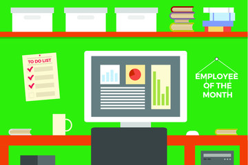 Modern Office Interior. Vector Flat Style.Workplace Empty Chair Desk Flat Vector Illustration