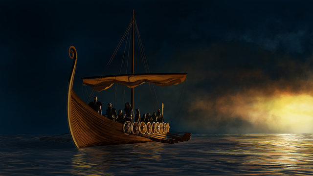 Viking ship under the gold shine.