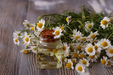 Daisies, chamomile flowers and chamomile oil in bottles on wooden background