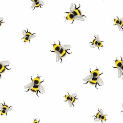 Bee seamless pattern on white background. Illustration of sketched flying bees.