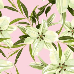 Beautiful lime green lilies flowers and greenery. Seamless pattern on pink  background.