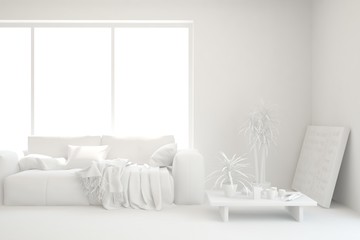 White minimalist living room with sofa. Scandinavian interior design. 3D illustration