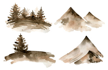 Watercolor hand painted fir trees and mountains. Illustration with brown forest and landmark. Isolated landscape on white background drawing for textile, prints, poster, travel design.