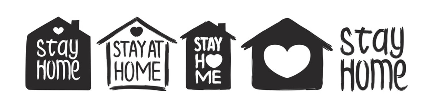 Stay home - hand drawn vector quote set isolated on white background with house and heart for self isolation, quarantine. Trendy typography for pillow, mug, cup, poster, home decor, kids room. 10 eps