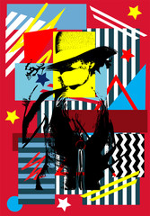 Cowgirl silhouette on the colorful background with stripes and stars illustration background
