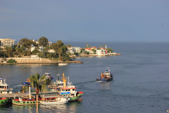 Gulluk, Mugla, TURKEY - 24 April 2017: Amazing view over the pier with fishing boats in a day light.