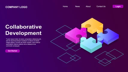 Foto op Plexiglas Collaborative development, isometric business concept vector. Color puzzle elements or icons on ultraviolet background. Teamwork, cooperation, partnership and trust concept EPS © Anastasia