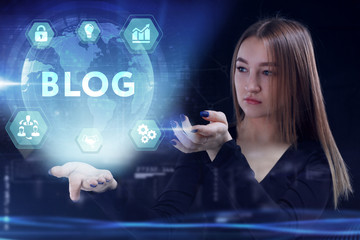 Business, Technology, Internet and network concept. Young businessman working on a virtual screen of the future and sees the inscription: Blog