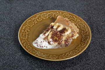 Boston Banoffee Pie. Biscuity Shortcrust Pastry with Caramel Fudge Filling and Banana Topping.