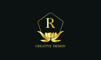 Design of magnificent royal vector monogram with letter R on black background. Stylish golden floral logo for business, restaurant, boutique, cafe, hotel and more.