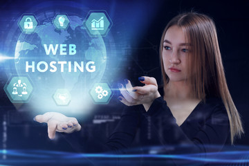 Business, Technology, Internet and network concept. Young businessman working on a virtual screen of the future and sees the inscription: Web hosting