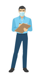 Man in medical mask writes on the clipboard closeup. Full length portrait of man in a flat style.