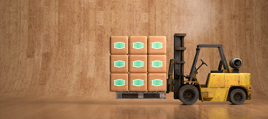 forklift with wooden boxes and face mask icons in front of wooden background