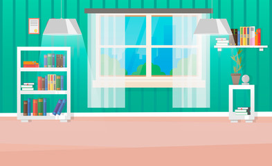 Modern living room interior. Shelves and shelving with books, window and parting. Vector illustration.