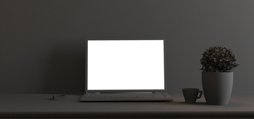 laptop screen on desk with plant single color realistic 3D rendering