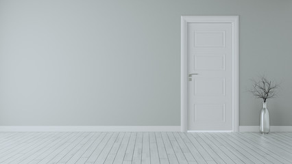 grey wall with white closed door realistic 3D rendering