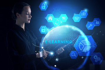 Business, Technology, Internet and network concept. Young businessman working on a virtual screen of the future and sees the inscription: E-learning