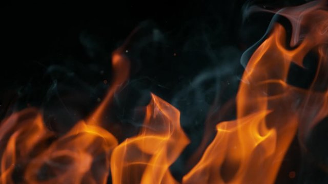 Super slow motion of flames isolated on black background. Filmed on high speed cinema camera, 1000 fps