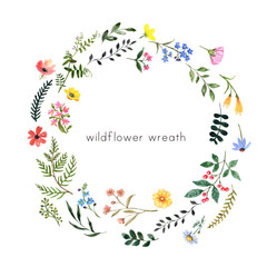 Watercolor wildflowers and herbs wreath with blank space for text. Hand drawn pink, yellow, blue meadow flowers and greenery. Botanical frame for design. Summer illustration © Anna Nekotangerine