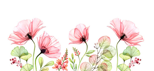 Watercolor Poppy bottom border. Horizontal floral background. Abstract pink flowers with leaves on white. Botanical illustration for cards, wedding design - 341427412