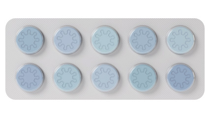 Pills in blister packs. Coronavirus tablets. Covid-19. 3D rendering.