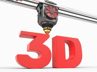 printing of word of 3D under 3D printer head. 3d illustration