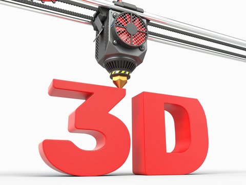 Printing Of Word Of 3D Under 3D Printer Head. 3d Illustration