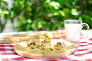 Butter cookies with milk and tasty and delicious beverages are placed on wooden trays to serve consumers at leisure and in need of desserts, in order to relax while eating.