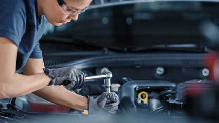 Portrait Shot of a Female Mechanic Working on a Vehicle in a Car Service. Empowering Woman Fixing...