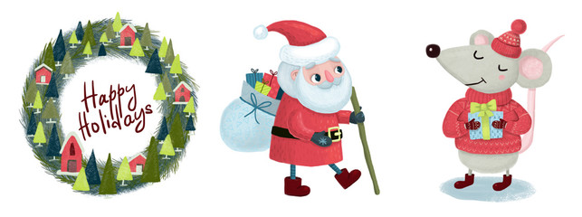 Fototapeta premium Christmas set. Cute baby Santa Claus with a bag of gifts and a cane in his hand. A mouse in a knitted sweater and hat with a gift box in his hands and a wreath with lettering. Isolated on a white 