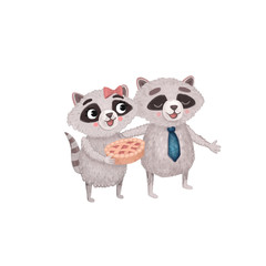 A raccoon girl with a bow on her head and a cherry pie in her hands is visiting together with a raccoon boy in a tie. Children's illustration on white background