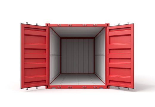 3d rendering of open empty red barge container with white insides isolated on white background.