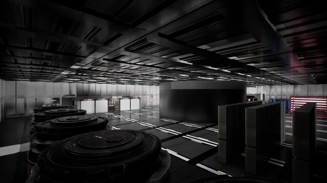 Science fiction interior in huge hall. Sci-fi scientific futuristic laboratory. Future laboratory warehouse, human colony on exoplanet. 3D render animation. Wide, right pan