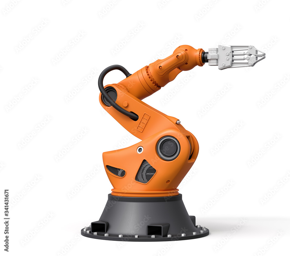 Poster 3d rendering of orange robotic arm isolated on white background