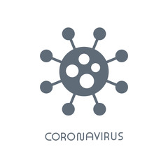 Virus cartoon icon with minimalistic inscription design. Vector bacteria symbol. Simple cell sign. Coronavirus, ncov, covid - 19 logo