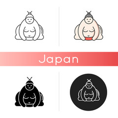 Sumo icon. Traditional asian wrestler. Shirtless large athlete in power stance. Japanese ringer. Man with heavy body. Linear black and RGB color styles. Isolated vector illustrations