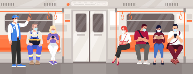 Metro passengers in medical masks semi flat vector illustration
