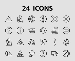 A simple set of WARNINGS, thin vector lines. Contains ICONS such as a warning, exclamation mark, reuse, warning sign, and more. Editable stroke. 48x48 Pixel Perfect. Vector illustration