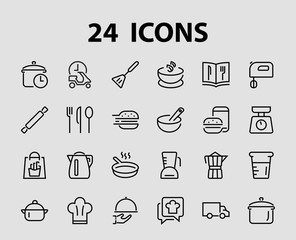 Set of icons for cooking and kitchen, vector lines, contains icons such as a knife, saucepan, boiling time, mixer, scales, recipe book. Editable stroke, perfect 480x480 pixels, white background