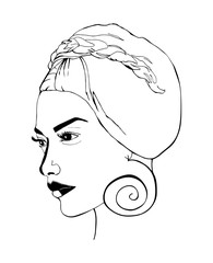 Print with woman portrait. Black and white minimalist graphic silhouette.  Art of women face and hairstyle. Young woman with earrings.