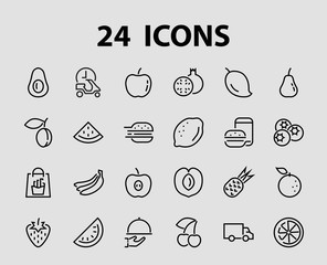 Fruit Icon Set, Vector lines, Contains icons such as apple, banana, cherry, lemon, watermelon, Avocado Editable stroke, 48x48 pixels, White background, eps 10