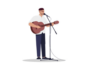 Guitarist with microphone stand semi flat RGB color vector illustration