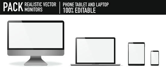 Dibujo realista de computador, tablet, y teléfono celular. vector