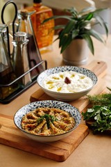 Eggplant dip with garlic, red capsicum, pickles, vinegar, and greek Olive oil. Tzatziki dip made with yoghurt, cucumber, garlic. Appetizer of greek cuisine plating photography on casual dine in table.